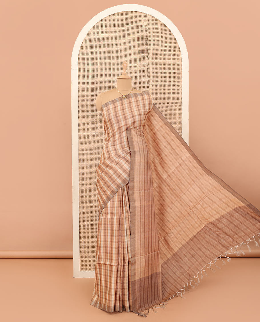 Borderless sandal and brown solid checked tussar silk saree with self-pallu