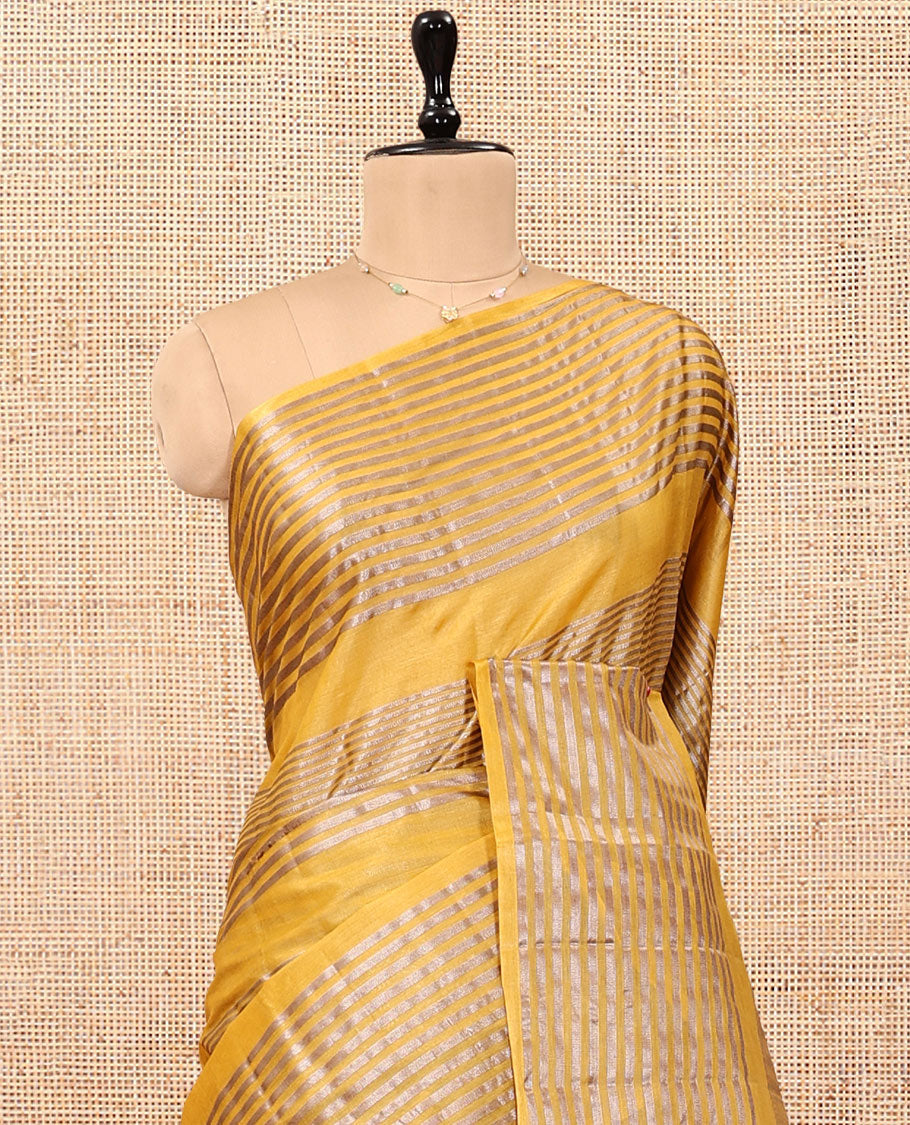 Borderless Mustard Tussar Silk Saree, Detailed with Zari Stripes, Striped Pallu, and a Matching Blouse