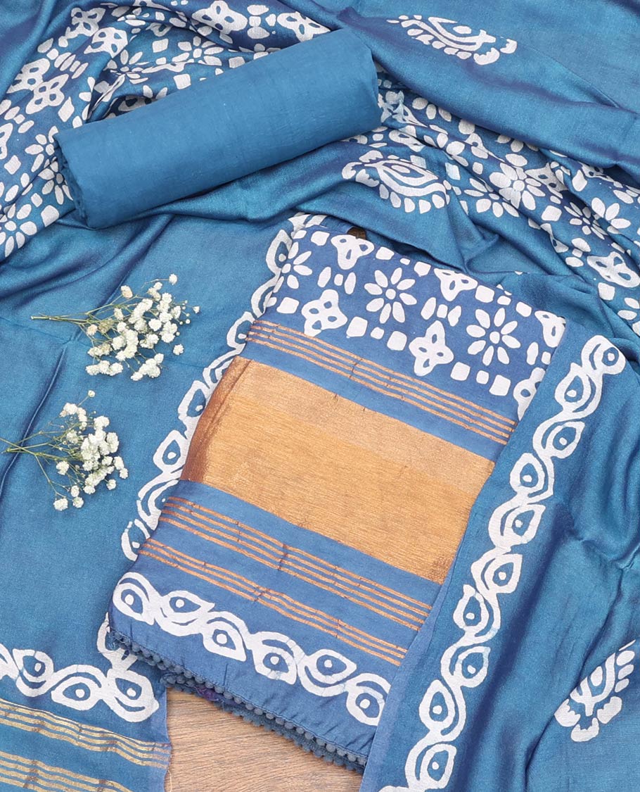 Blue Material Chudidar Set, Adorned with Batik Printed Chanderi Cotton Top, a Plain Cotton Bottom, and Paired with Batik Printed Chanderi Cotton Dupatta