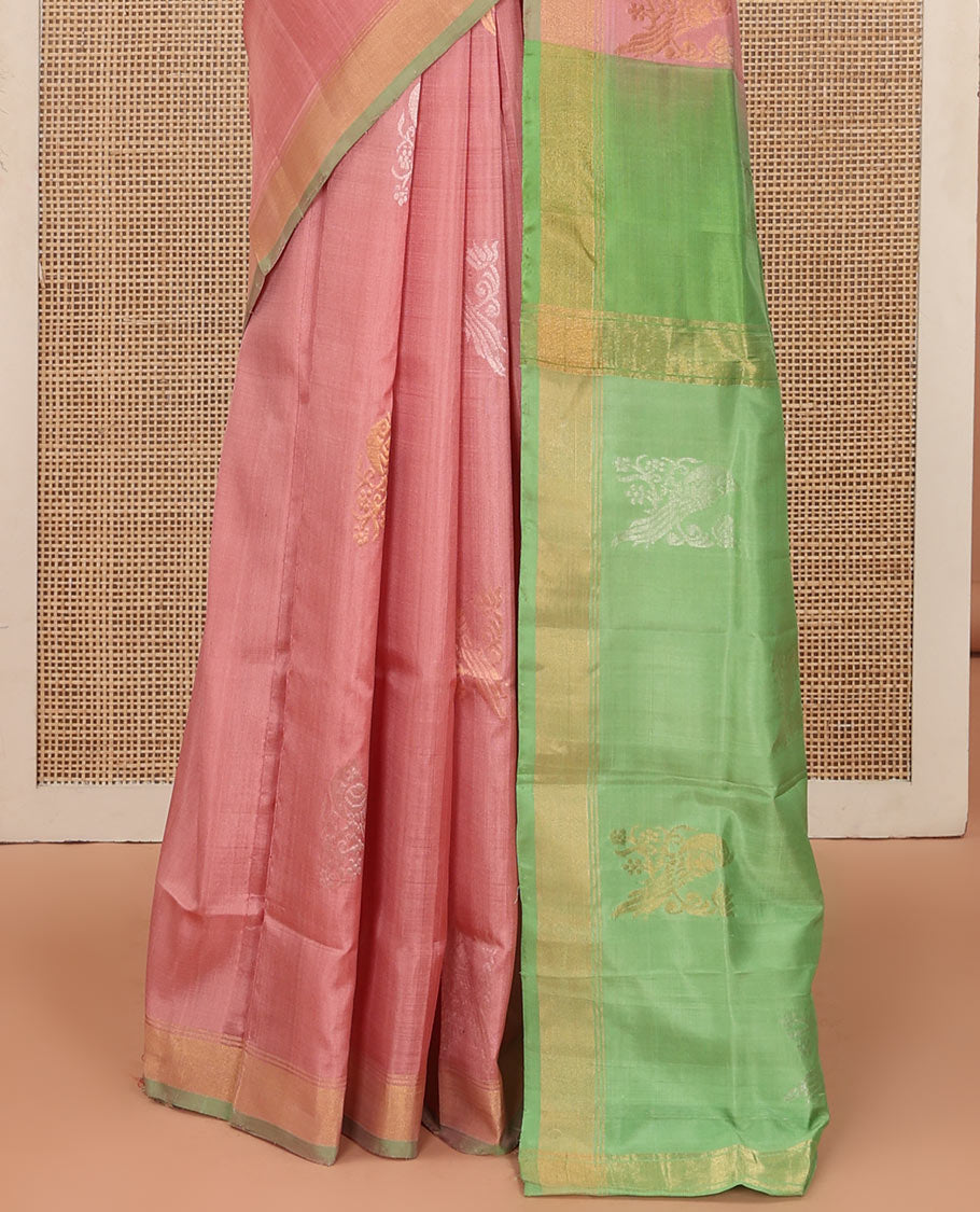 Pink Uppada Silk Saree Adorned with Parrot Zari Buttas, Complemented by Bavanji Border, Contrast Pallu Steeped with Parrot Zari Designs, and Paired with a Contrast Blouse