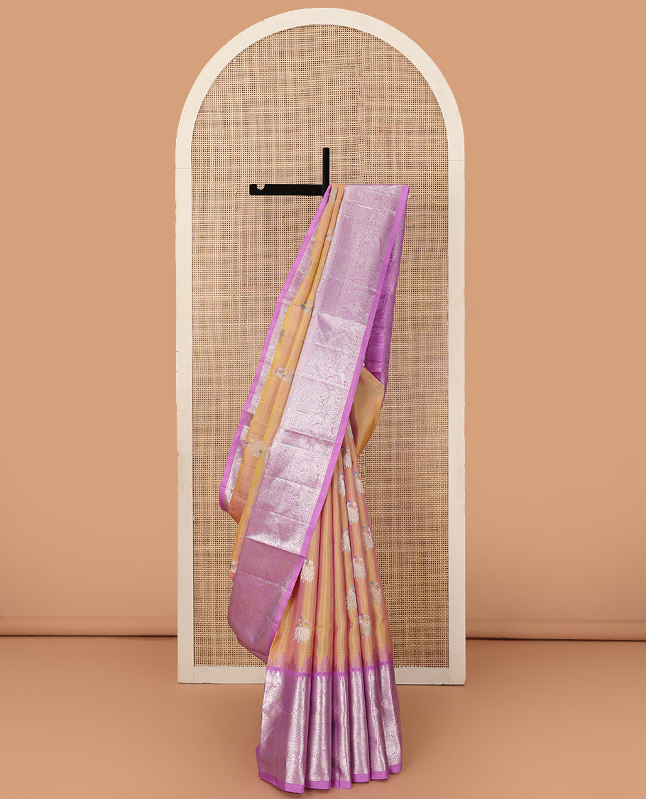 Orange meena peacock buttas Venkatagiri silk saree, contrast traditional zari border, and jaal pallu