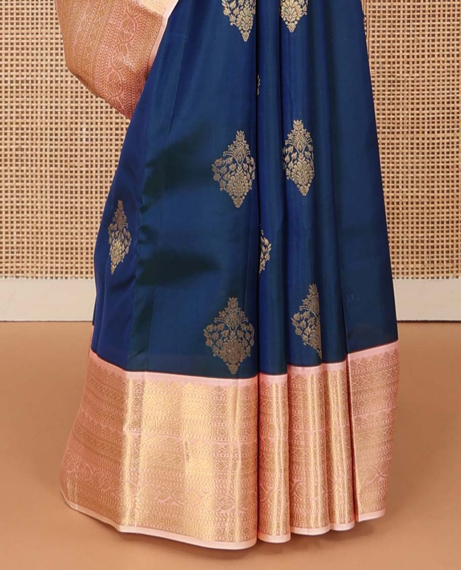 Blue zari buttas Vasundhara silk mix saree, contrast thilakam, neli, diamond, muthu, banaras, and kodi visiry designs, and jaal pallu