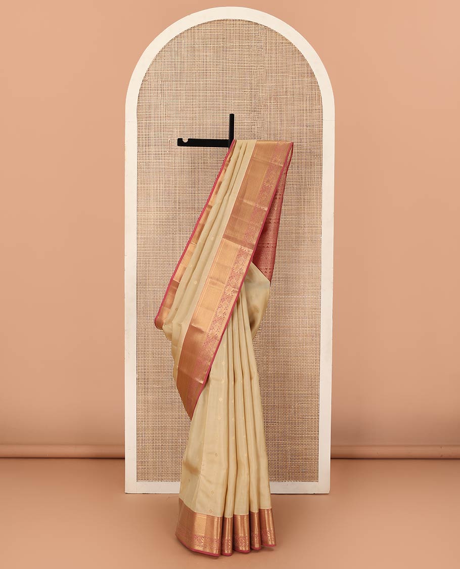 Sandal zari buttas Vasundhara silk mix saree, contrast border of thilakam mokku, kathir, kuyil kann, and kodi visiry designs, and geometric patterned pallu