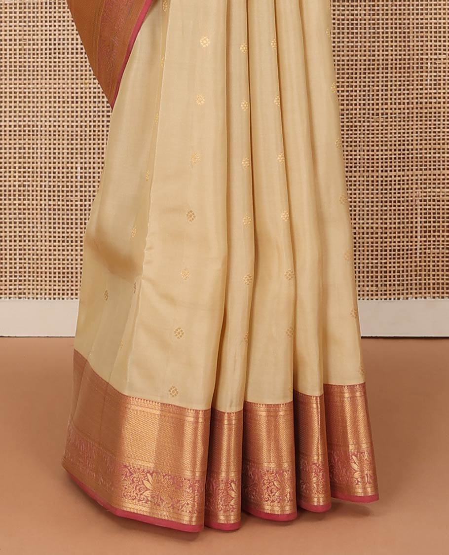 Sandal zari buttas Vasundhara silk mix saree, contrast border of thilakam mokku, kathir, kuyil kann, and kodi visiry designs, and geometric patterned pallu