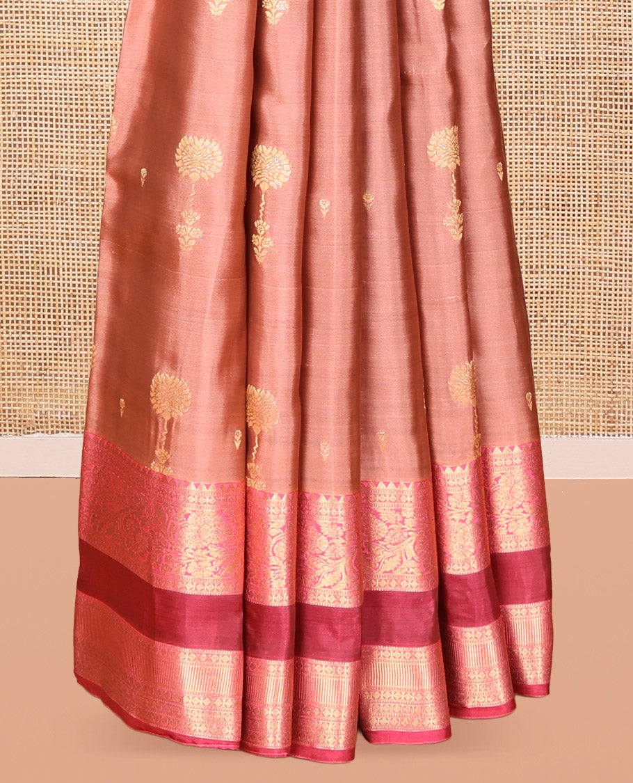 Rosewood Pink Vasundhara Lite Silk Mix Saree, Mesmerized with Zari Buttas, a Contrast Rettai Pettu Border of Rekku, Muthu, Lavangam, Poun, and Kodi Visiry Designs, Grand Pallu, and a Contrast Blouse