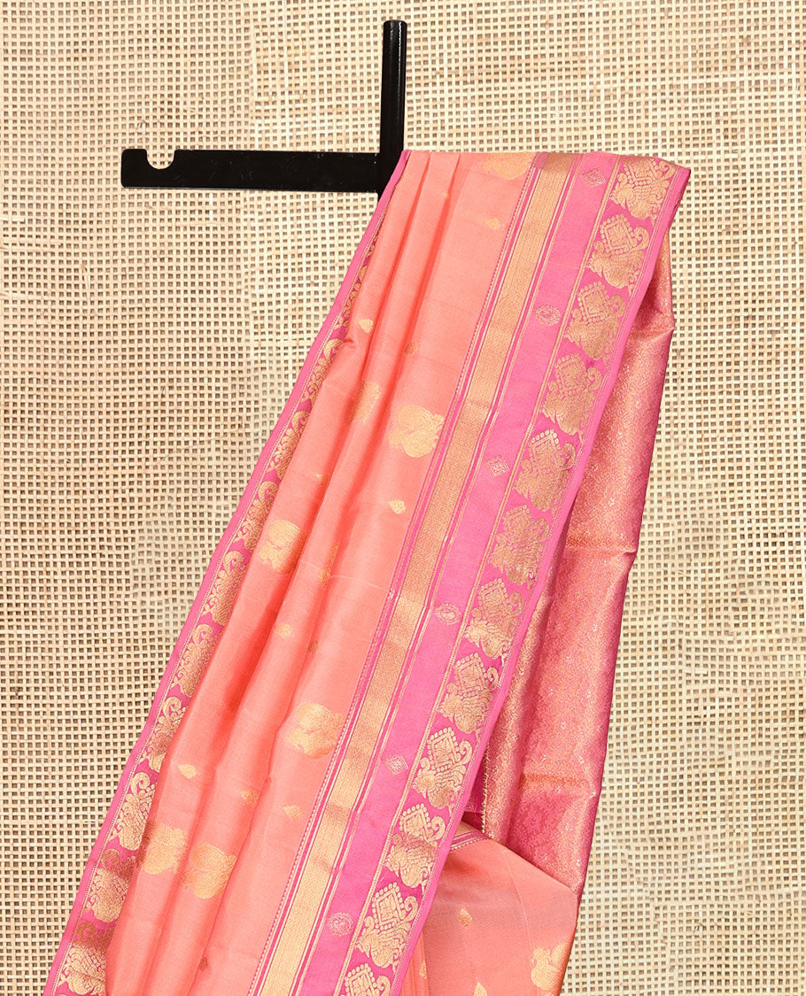 Pink Vasundhara Lite Silk Mix Saree, Embellished with Mayil Buttas, a Contrast Border of Mayil Kann and Annam Designs, Grand Pallu, and a Contrast Blouse
