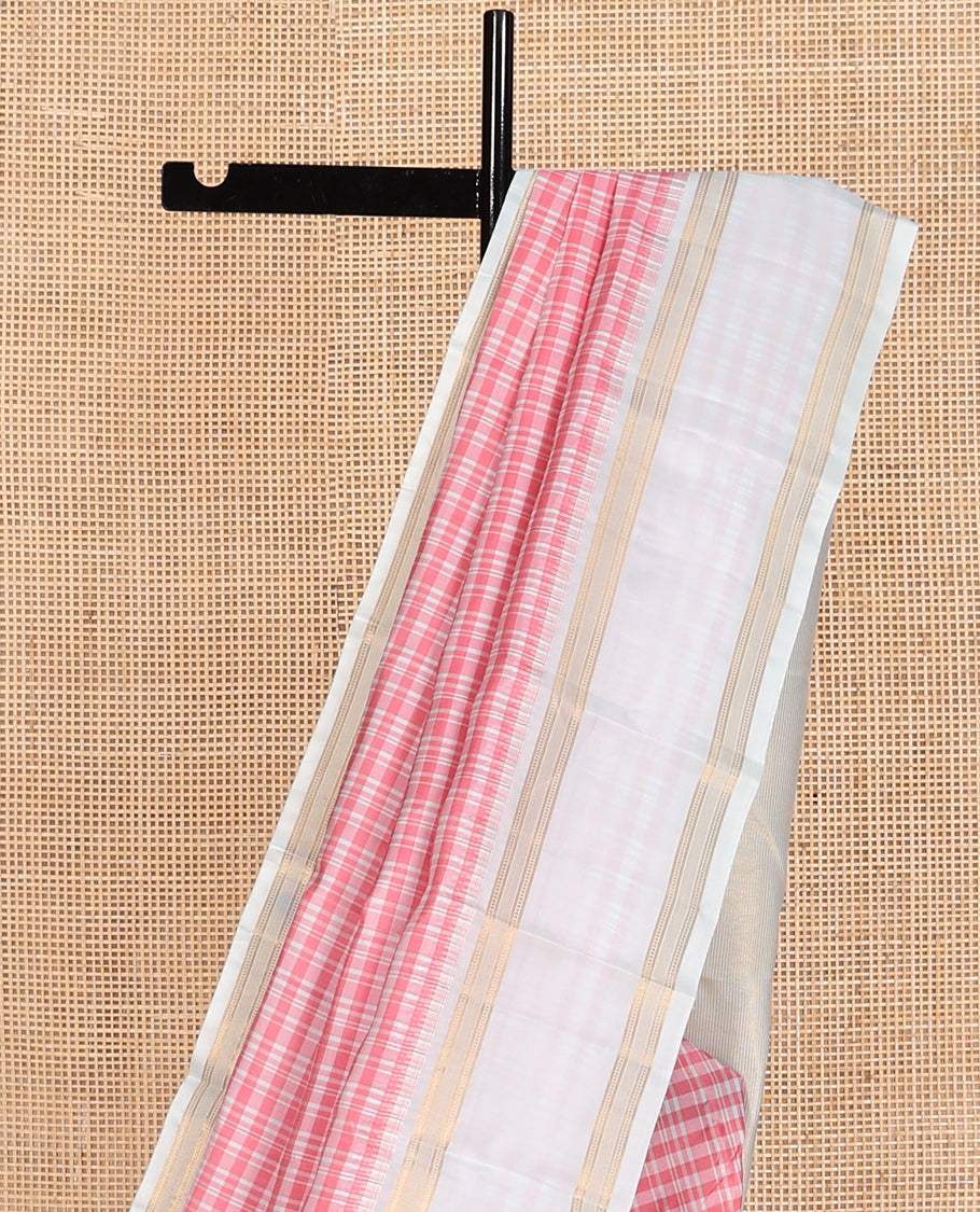Red-White Checked Vasundhara Lite Silk Mix Saree, a Contrast Rettai Pettu Traditional Zari Border, Zari Striped Pallu, and a Contrast Blouse
