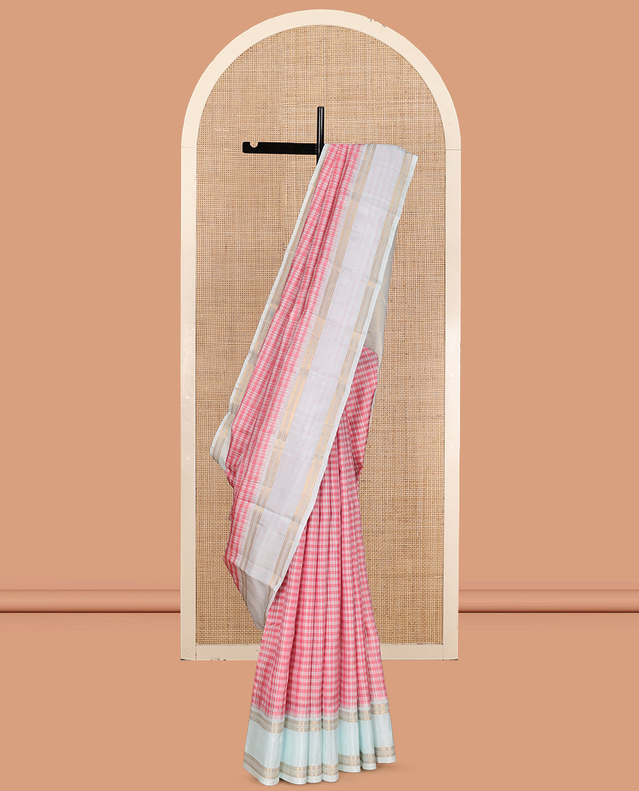 Red-White Checked Vasundhara Lite Silk Mix Saree, a Contrast Rettai Pettu Traditional Zari Border, Zari Striped Pallu, and a Contrast Blouse
