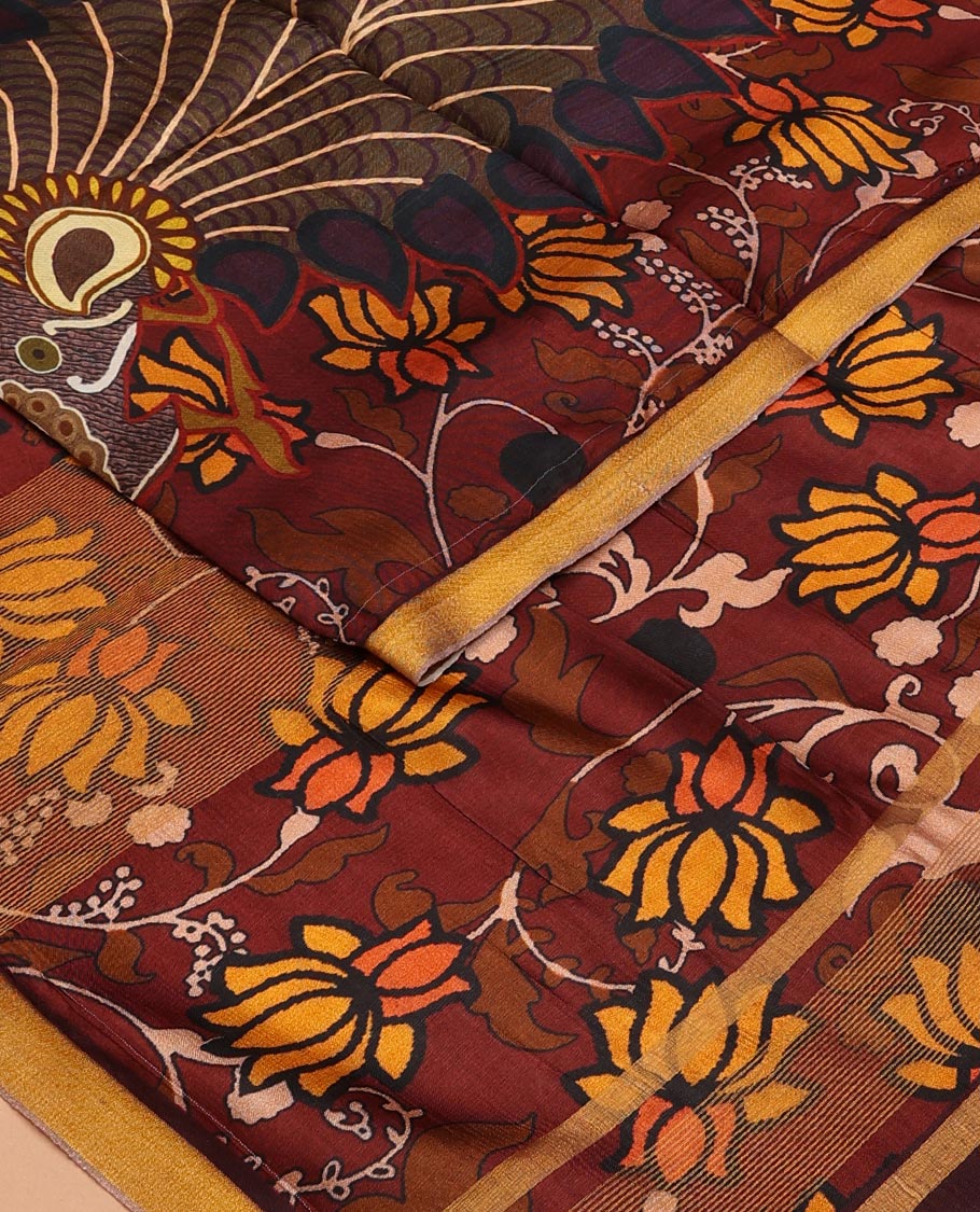 Maroon Pichwai lotus vine digital printed banana pith saree, contrast plain piping border, and lotus vine printed pallu