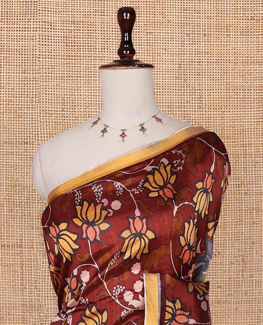 Maroon Pichwai lotus vine digital printed banana pith saree, contrast plain piping border, and lotus vine printed pallu