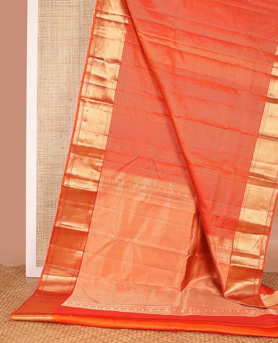 Orange zari micro checked silk saree, zari border of rekku, banaras, kodi visiry, and jaal design, and jaal pallu