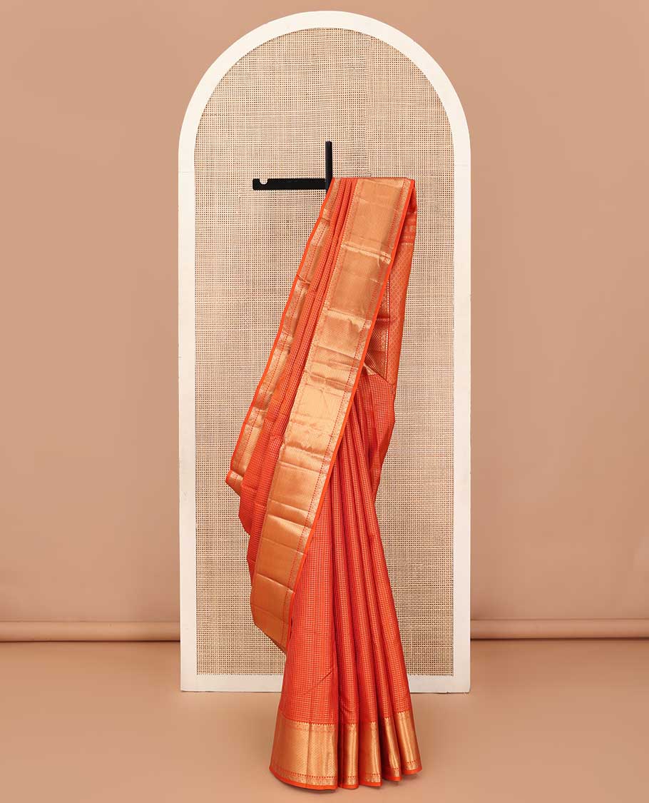 Orange zari micro checked silk saree, zari border of rekku, banaras, kodi visiry, and jaal design, and jaal pallu