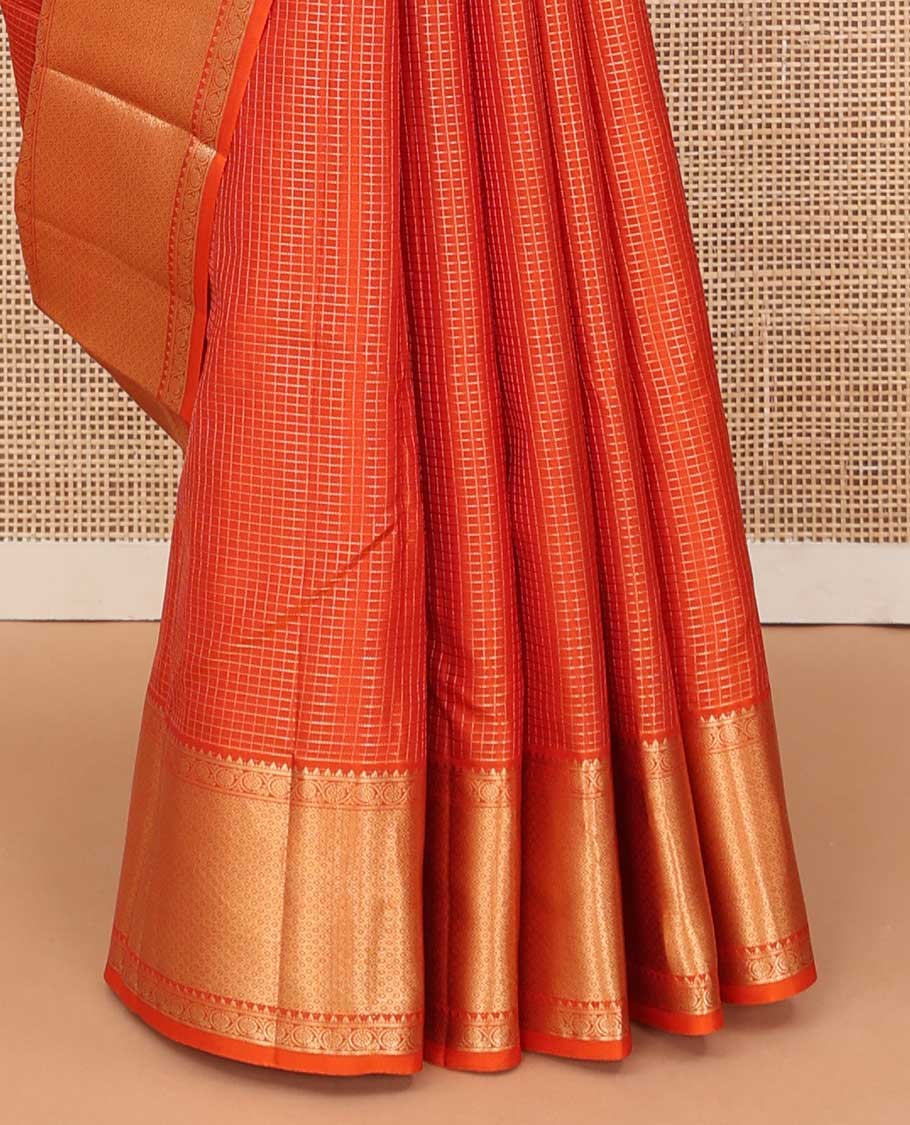 Orange zari micro checked silk saree, zari border of rekku, banaras, kodi visiry, and jaal design, and jaal pallu