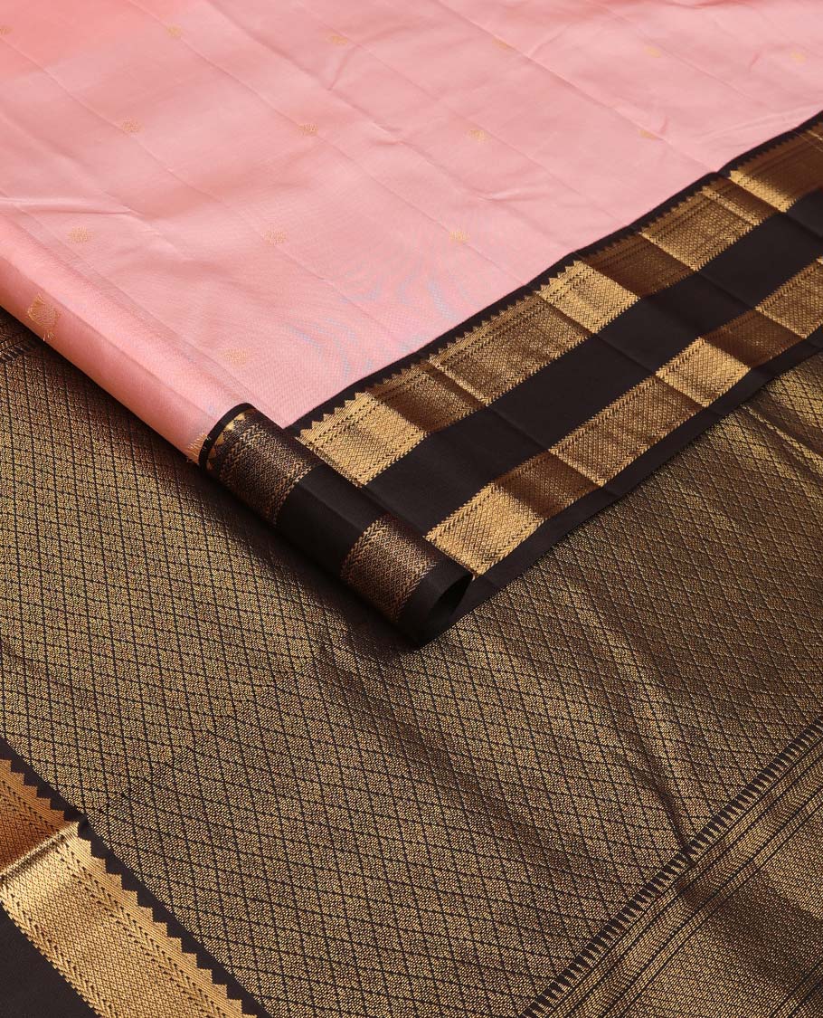 Baby pink zari buttas silk saree, contrast rettai pettu border of rekku, muthu, kathir, and mayil kann, and zari rich jaal pallu