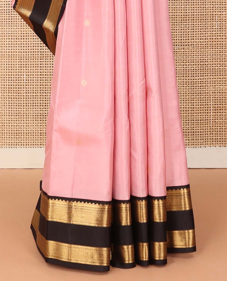 Baby pink zari buttas silk saree, contrast rettai pettu border of rekku, muthu, kathir, and mayil kann, and zari rich jaal pallu
