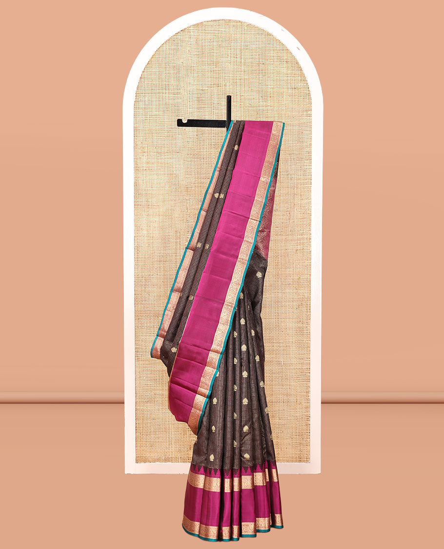 Brown Vasundhara Silk Saree, Elegantly Highlighted with Zari Buttas and Checks, a Contrast Temple Rettai Pettu Border of Thilakam Mokku, and Mayil, Intricate Pallu, and a Contrast Blouse