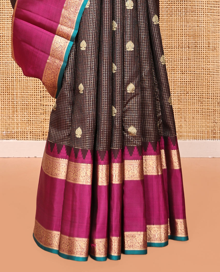Brown Vasundhara Silk Saree, Elegantly Highlighted with Zari Buttas and Checks, a Contrast Temple Rettai Pettu Border of Thilakam Mokku, and Mayil, Intricate Pallu, and a Contrast Blouse