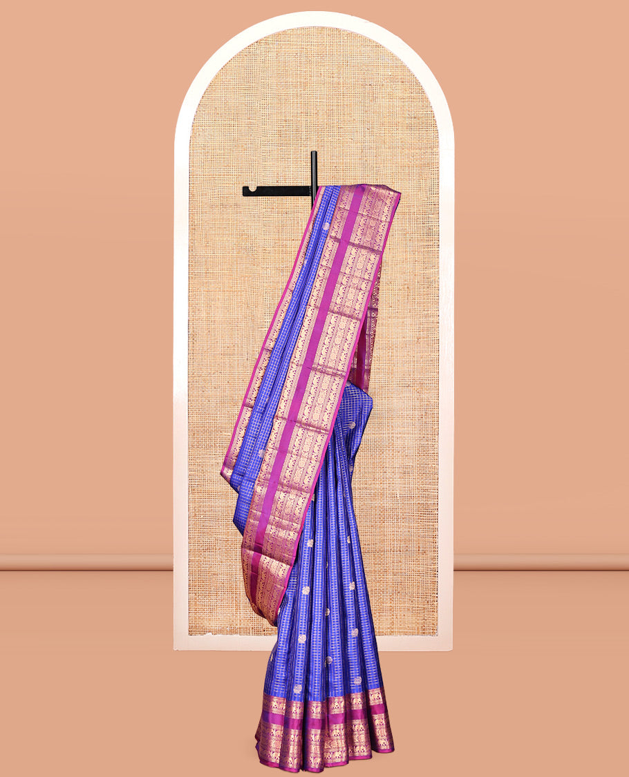 Blue Vasundhara Silk Saree, Enthralled with Zari Buttas and Checks, Contrast Border of Rekku, Muthu, Banaras, Mayil, and Chakram Designs, Grand Pallu, and Contrast Blouse