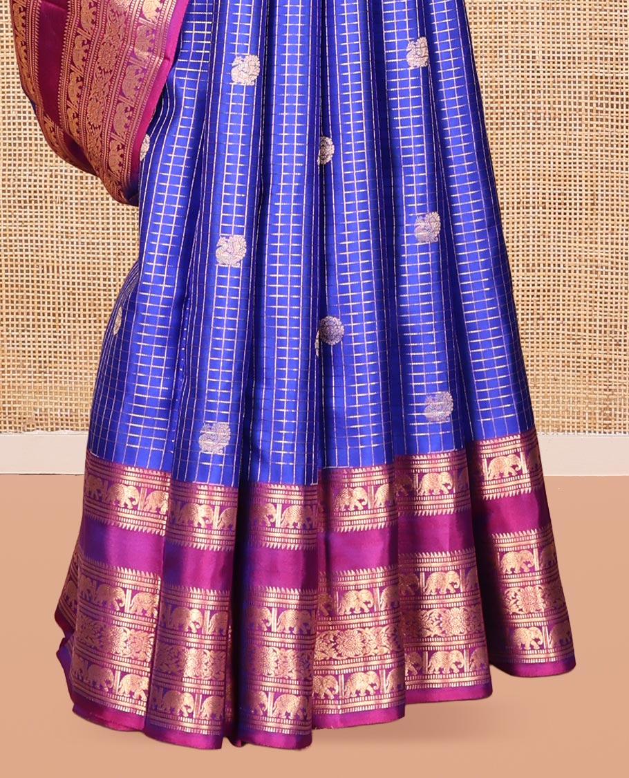 Blue Vasundhara Silk Saree, Enthralled with Zari Buttas and Checks, Contrast Border of Rekku, Muthu, Banaras, Mayil, and Chakram Designs, Grand Pallu, and Contrast Blouse