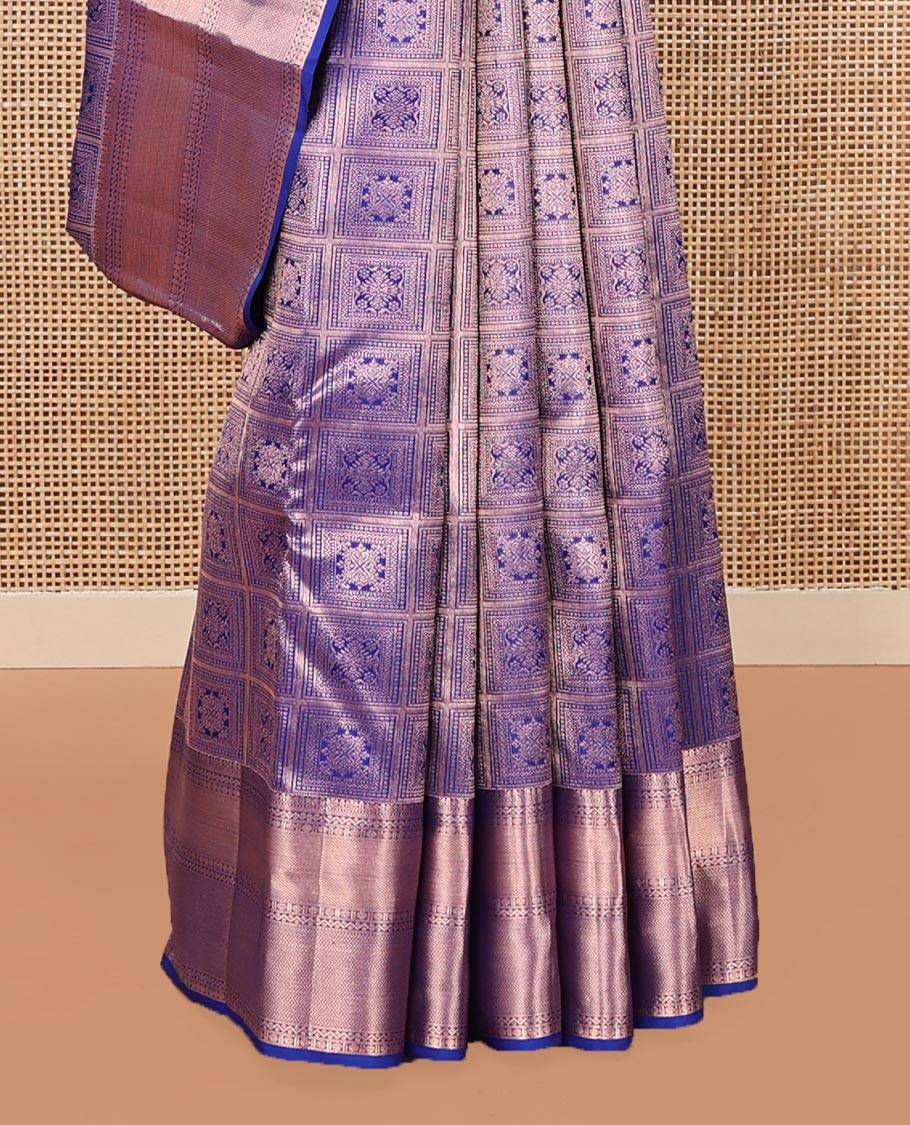 Blue Kanchipuram Wedding Silk Saree, Meticulously Crafted with Jacquard Designs on Its Body, Highlighted by a Zari Border of Muthu, Neli, Rudraksham, and Vanki Designs, Opulently Embellished Pallu, and Paired with a Matching Blouse