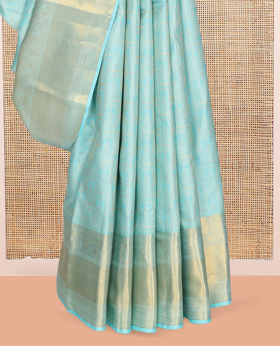 Pale Blue Jacquard Kanchipuram Wedding Silk Saree, Highlighted by a Zari Border of Thilakam Mokku, Arumbu Manga, and Mayil Kann Designs, Grand Jaal Pallu, and Matching Blouse