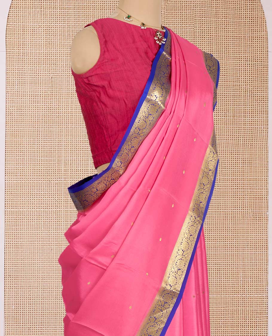 Pink Mysore Silk Saree, Adorned with Zari Buttas All Over Its Body, Complemented by a Contrast Traditional Floral Creeper Zari Design Border, Zari-Buttas Woven Pallu, and Paired with a Contrast Blouse