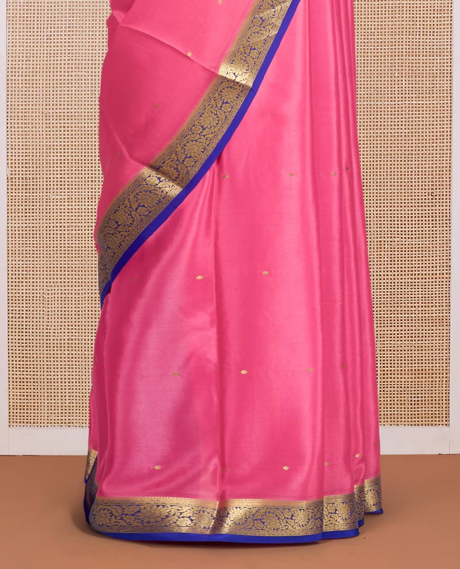 Pink Mysore Silk Saree, Adorned with Zari Buttas All Over Its Body, Complemented by a Contrast Traditional Floral Creeper Zari Design Border, Zari-Buttas Woven Pallu, and Paired with a Contrast Blouse