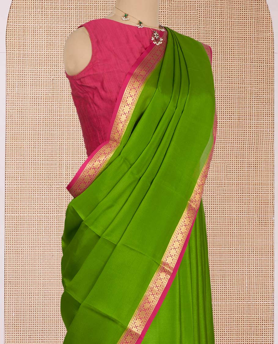 Parrot Green Plain Mysore Silk Saree, Complemented by a Contrast Floral Zari Design Border, Zari-Striped Pallu, and Paired with a Contrast Blouse