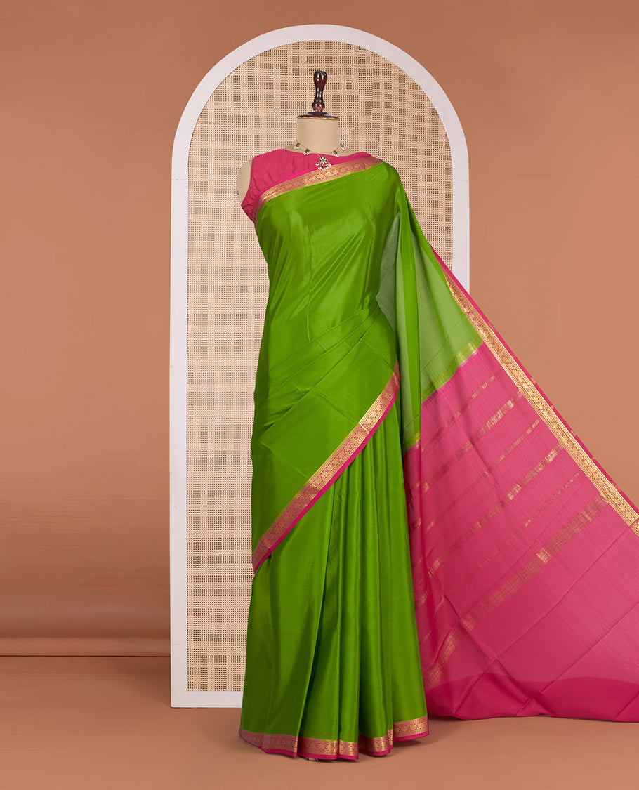 Parrot Green Plain Mysore Silk Saree, Complemented by a Contrast Floral Zari Design Border, Zari-Striped Pallu, and Paired with a Contrast Blouse