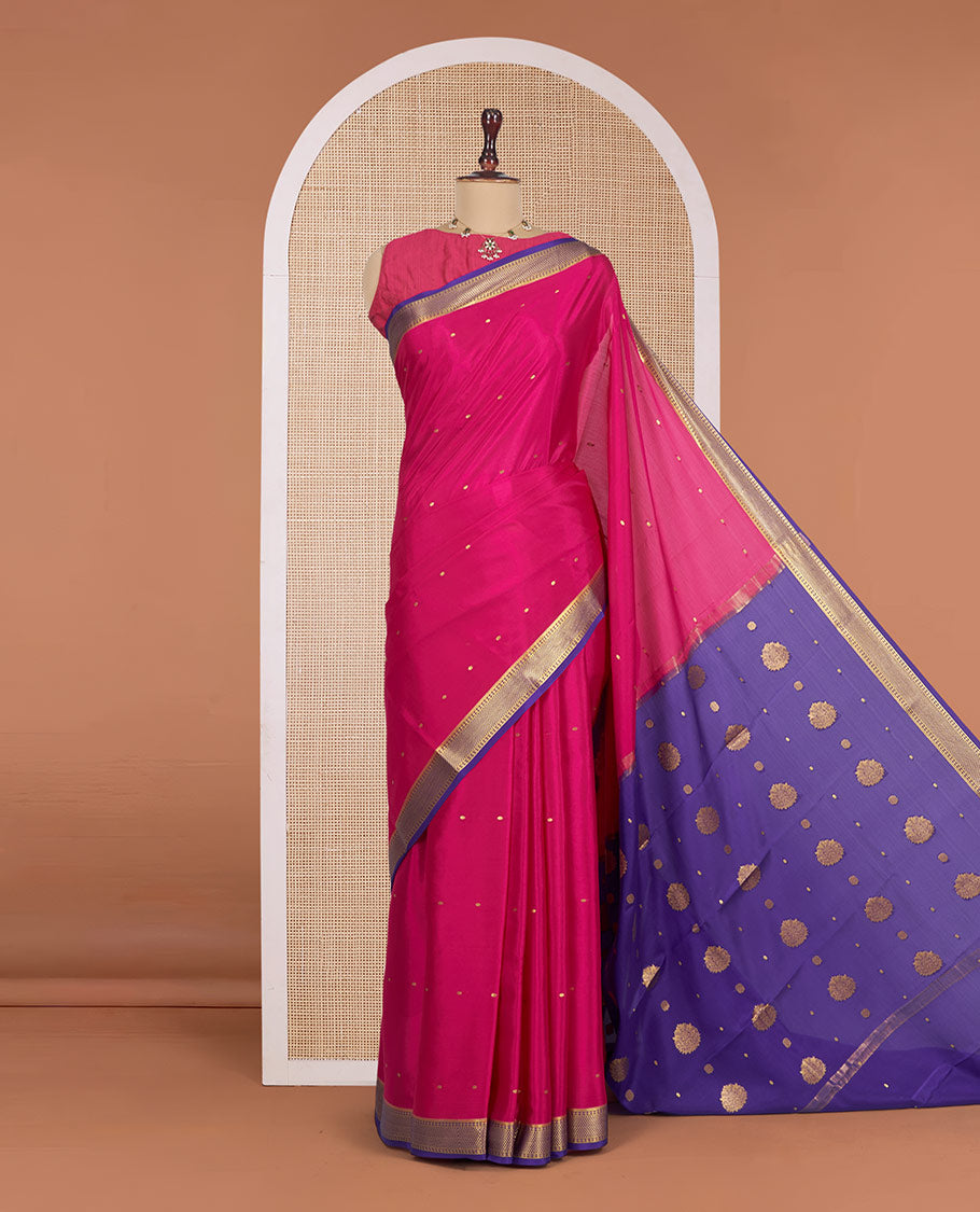 Pink Mysore Silk Saree, Bedecked with Zari Buttas All Over Its Body, Complemented by a Contrast Traditional Zari Design Border, Zari-Buttas Woven Pallu, and Paired with a Contrast Blouse