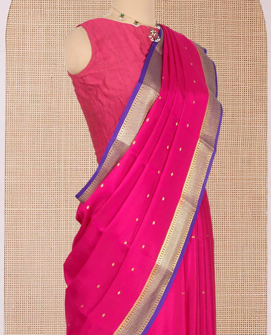 Pink Mysore Silk Saree, Bedecked with Zari Buttas All Over Its Body, Complemented by a Contrast Traditional Zari Design Border, Zari-Buttas Woven Pallu, and Paired with a Contrast Blouse