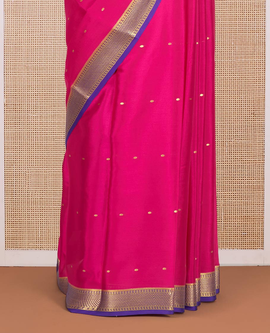 Pink Mysore Silk Saree, Bedecked with Zari Buttas All Over Its Body, Complemented by a Contrast Traditional Zari Design Border, Zari-Buttas Woven Pallu, and Paired with a Contrast Blouse