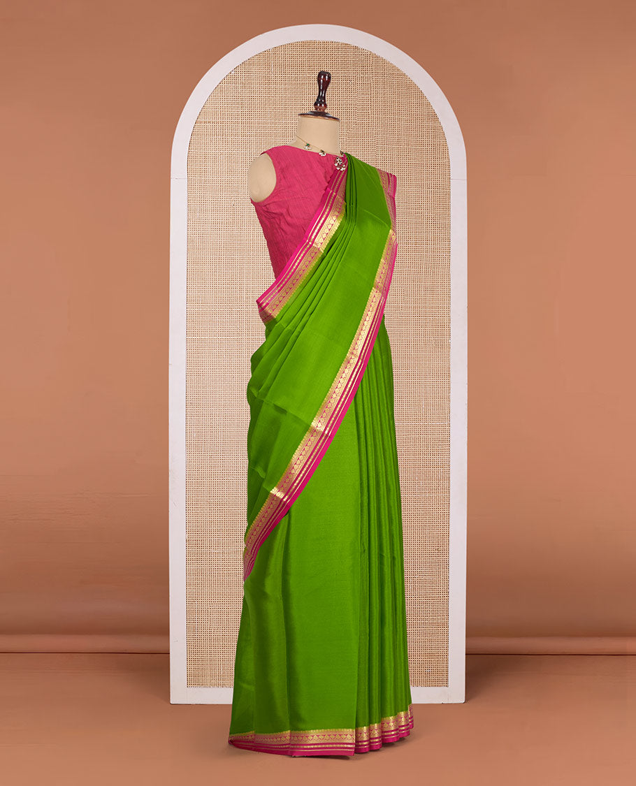Parrot Green Plain Mysore Silk Saree, Complemented by a Contrast Traditional Zari Design Border, Zari-Striped Pallu, and Paired with a Contrast Blouse