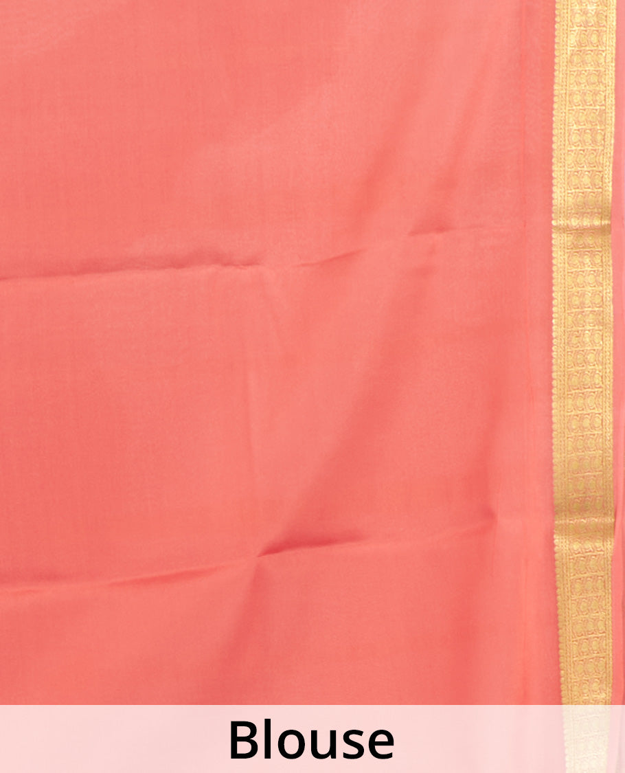 Brown Plain Mysore Silk Saree, Complemented by a Contrast Traditional Zari Design Border, Zari Striped Pallu, and Paired with a Contrast Blouse