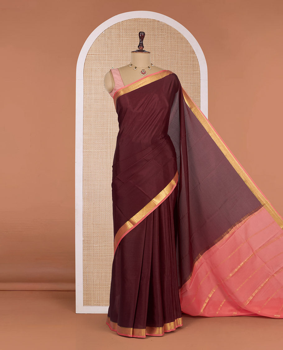 Brown Plain Mysore Silk Saree, Complemented by a Contrast Traditional Zari Design Border, Zari Striped Pallu, and Paired with a Contrast Blouse