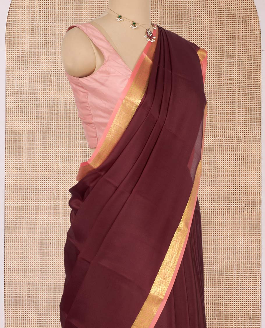 Brown Plain Mysore Silk Saree, Complemented by a Contrast Traditional Zari Design Border, Zari Striped Pallu, and Paired with a Contrast Blouse