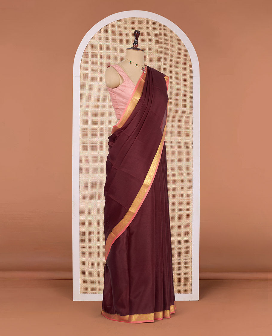 Brown Plain Mysore Silk Saree, Complemented by a Contrast Traditional Zari Design Border, Zari Striped Pallu, and Paired with a Contrast Blouse