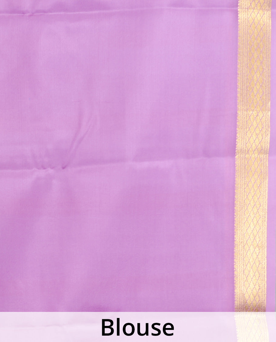 Black-Lavender Plain Mysore Silk Saree, Complemented by a Contrast Traditional Zari Design Border, Zari Striped Pallu, and Paired with a Contrast Blouse