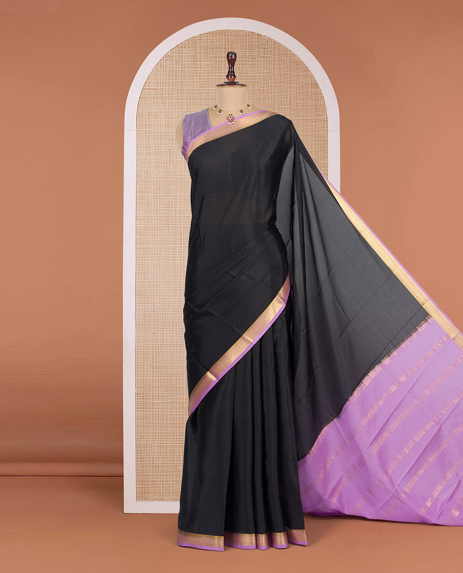 Black-Lavender Plain Mysore Silk Saree, Complemented by a Contrast Traditional Zari Design Border, Zari Striped Pallu, and Paired with a Contrast Blouse