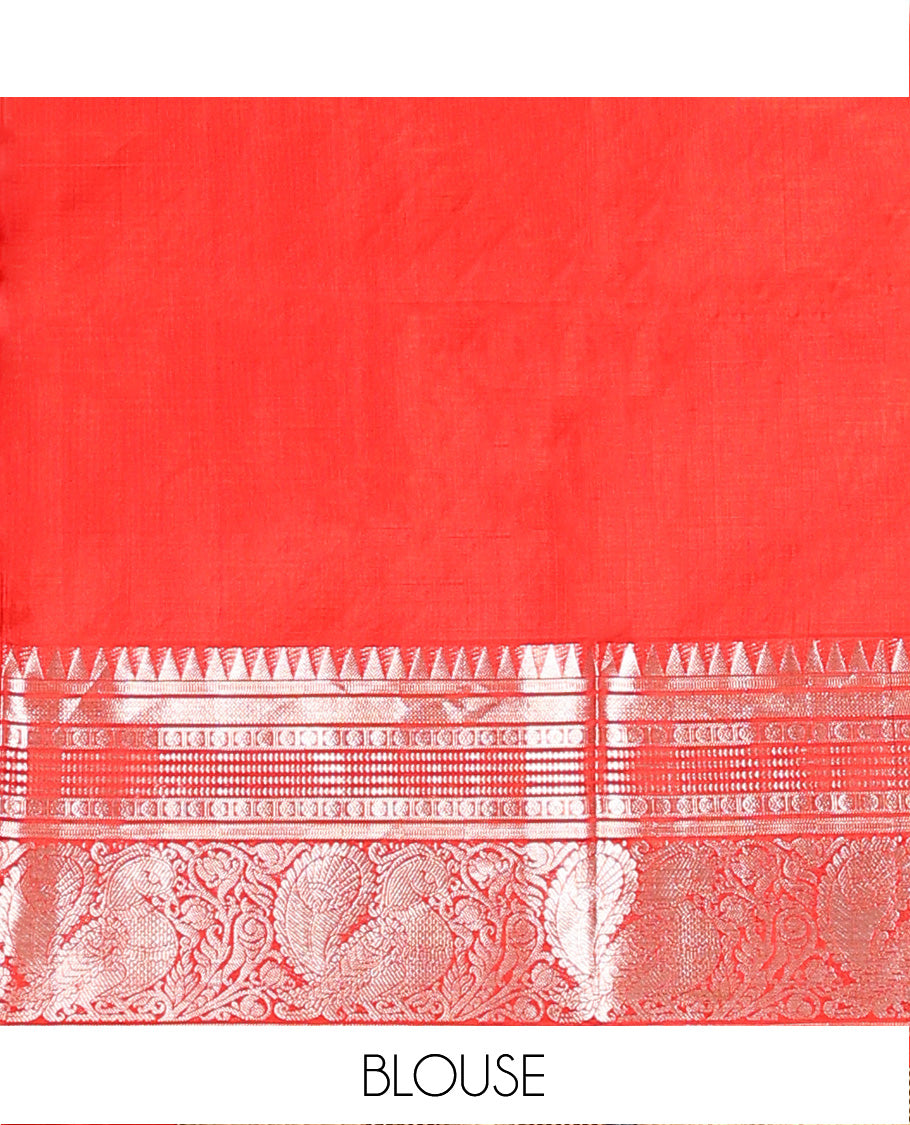 Green buttas Venkatagiri silk saree, contrast temple traditional border of peacocks, and intricate pallu