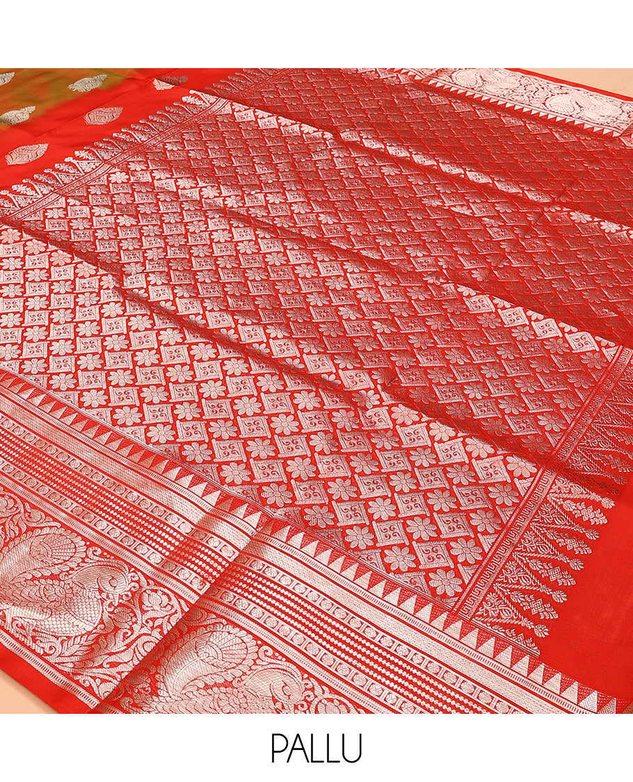 Green buttas Venkatagiri silk saree, contrast temple traditional border of peacocks, and intricate pallu
