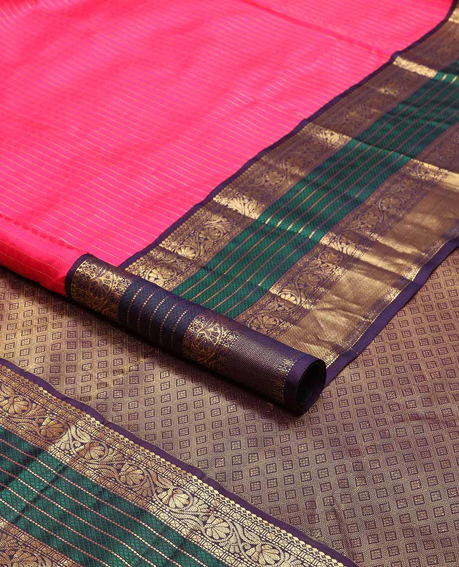 Pink striped silk saree with contrast floral zari design border & argyle design pallu