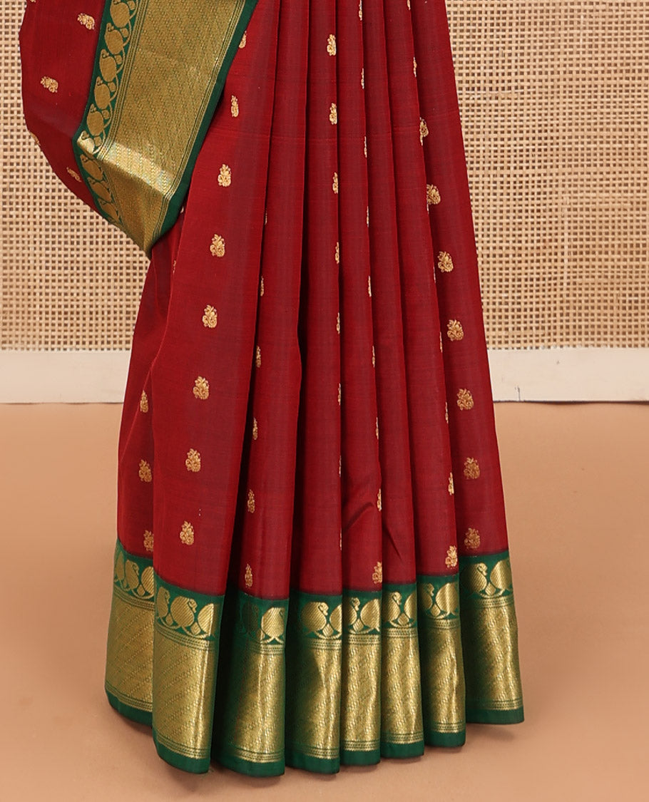 Maroon zari buttas Bangalore silk saree, contrast traditional zari border, and floral jaal pallu