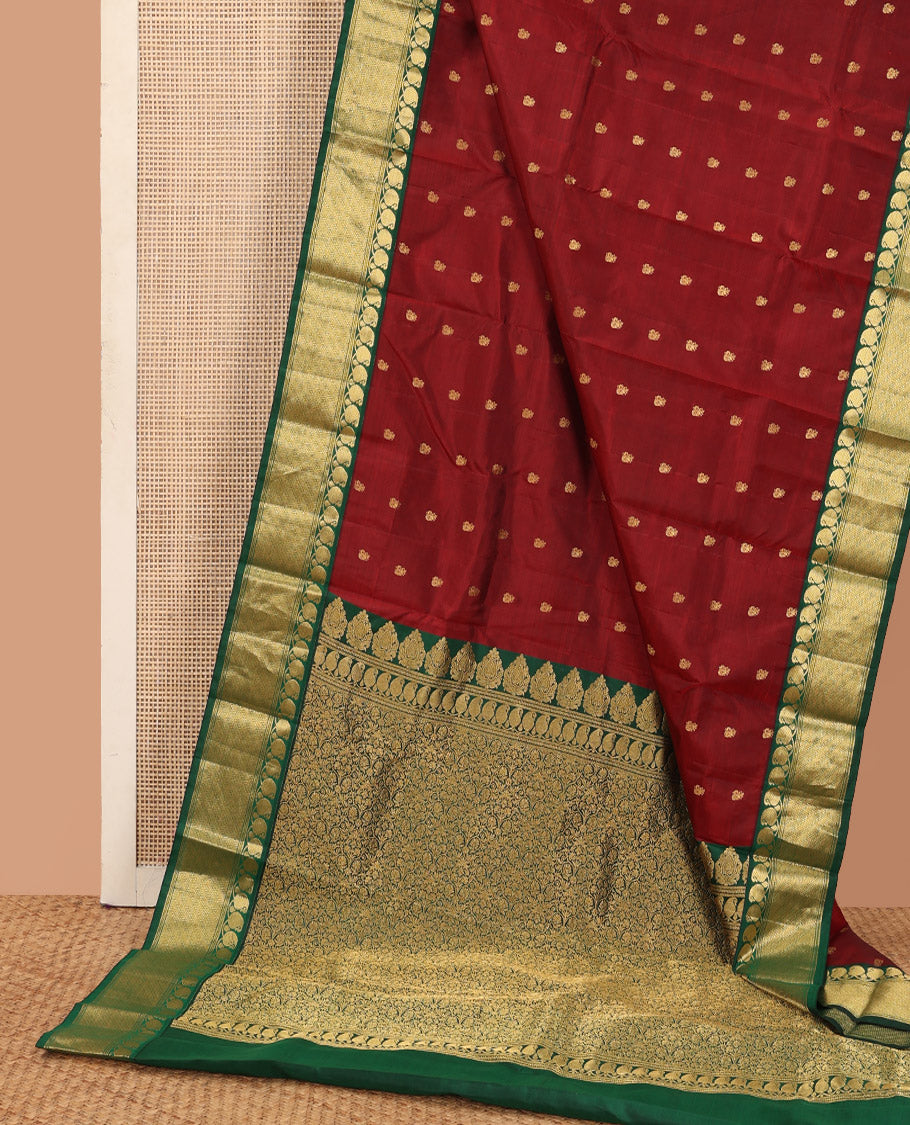 Maroon zari buttas Bangalore silk saree, contrast traditional zari border, and floral jaal pallu