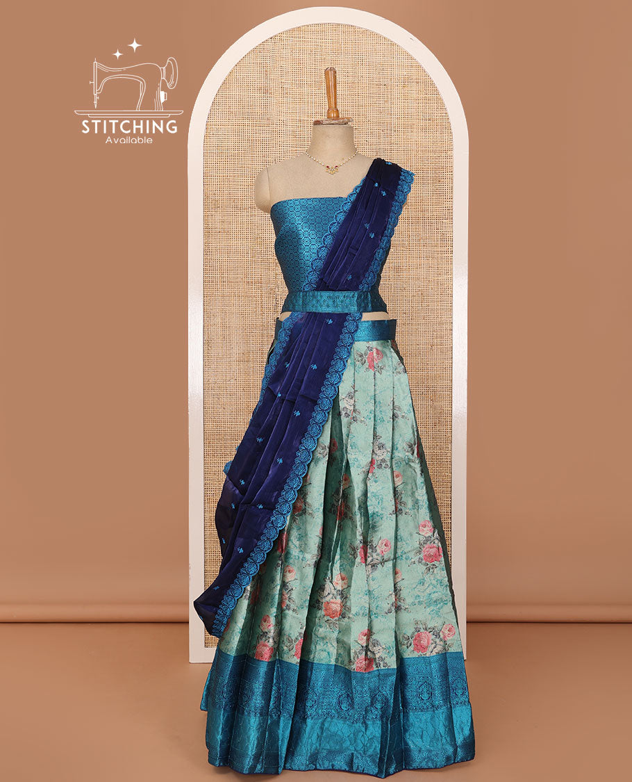 Blue lehenga set, floral print with contrast traditional border skirt, jacquard contrast blouse and scallop embroidered dhavani
