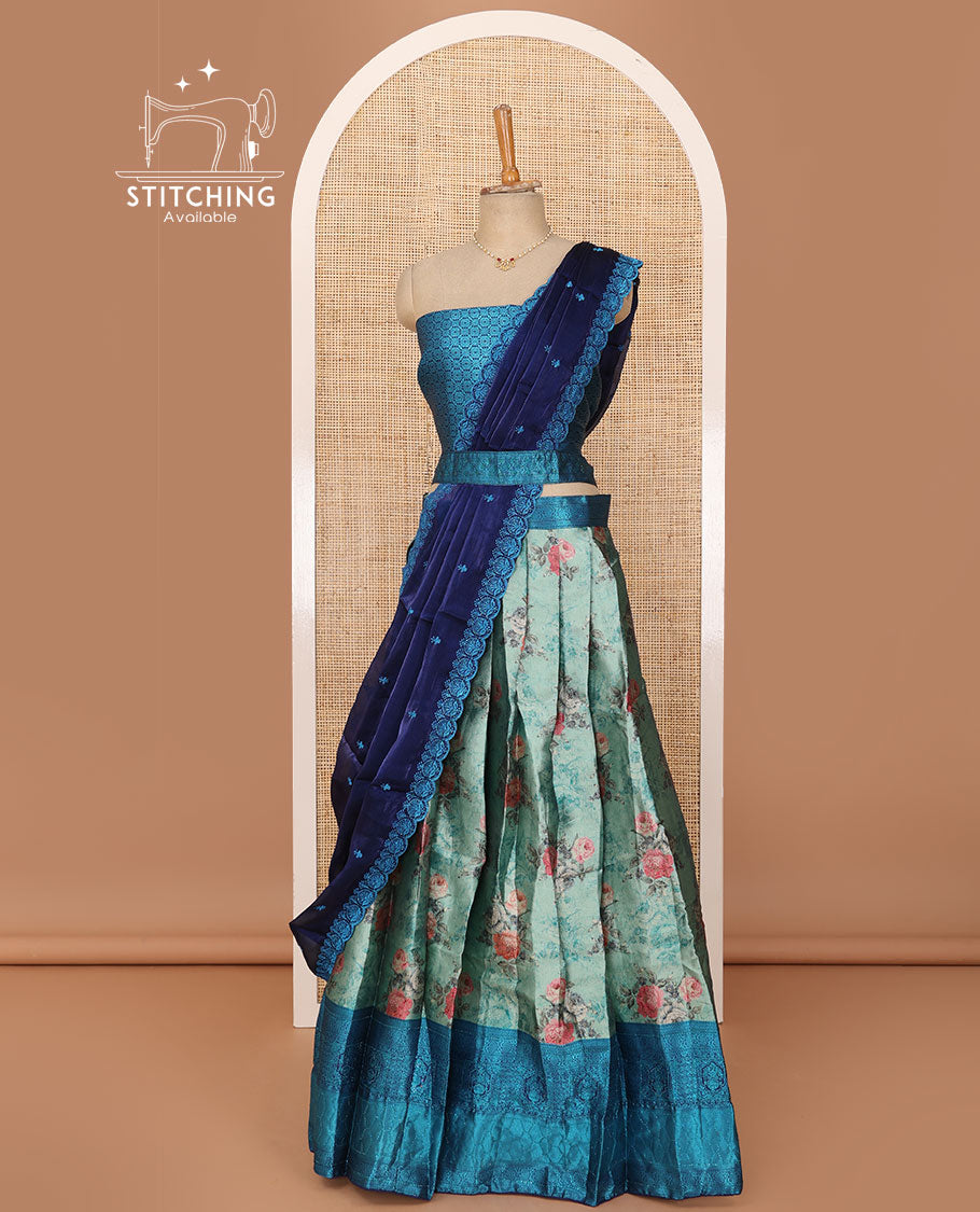 Blue lehenga set, floral print with contrast traditional border skirt, jacquard contrast blouse and scallop embroidered dhavani