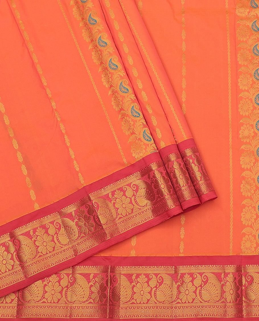Orange Art Silk Pavadai Material Set, Finely Crafted with Zari Designs on Its Skirt, Complemented by a Contrast Traditional Zari Border, and a Matching Blouse