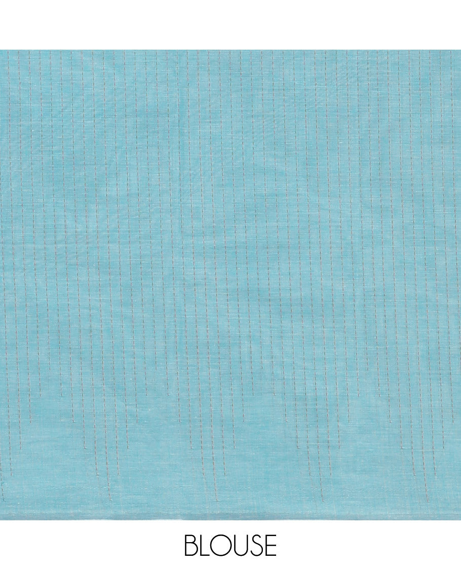Borderless blue checked Kanchi cotton saree, temple design pallu