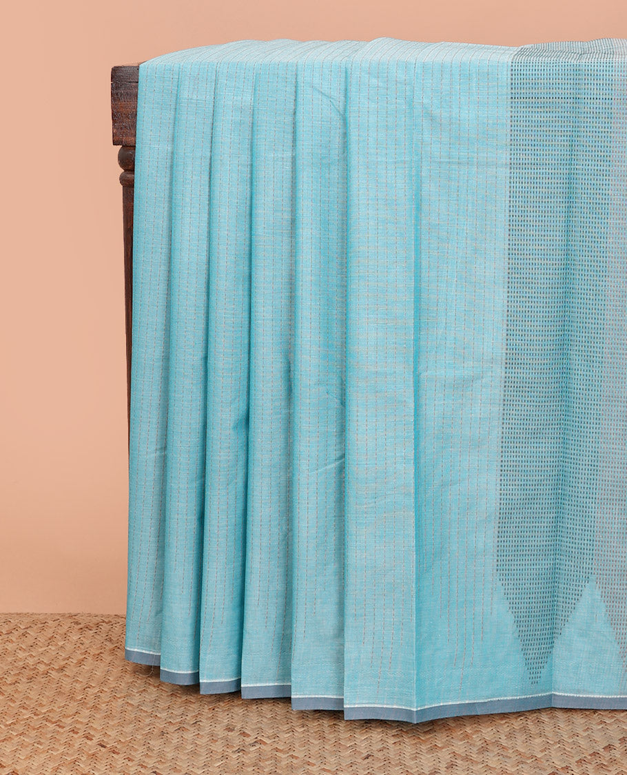Borderless blue checked Kanchi cotton saree, temple design pallu