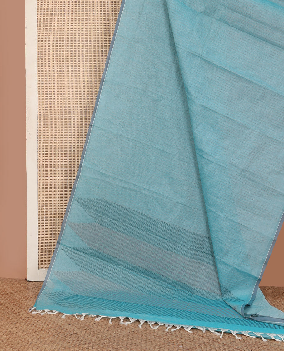Borderless blue checked Kanchi cotton saree, temple design pallu